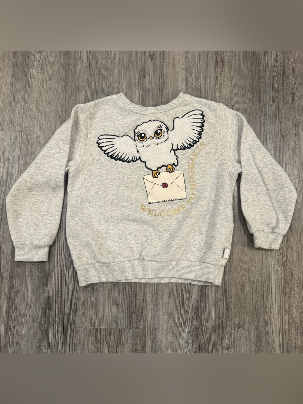 H&M Harry Potter Hedwig Sweatshirt Kids 5T 6 Gray Hogwarts Owl Applique
